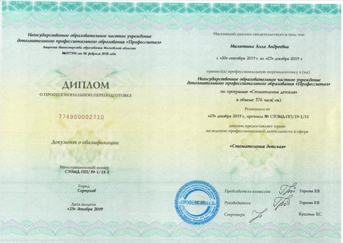 Сертификат врача Милютина Алла Андреевна №1