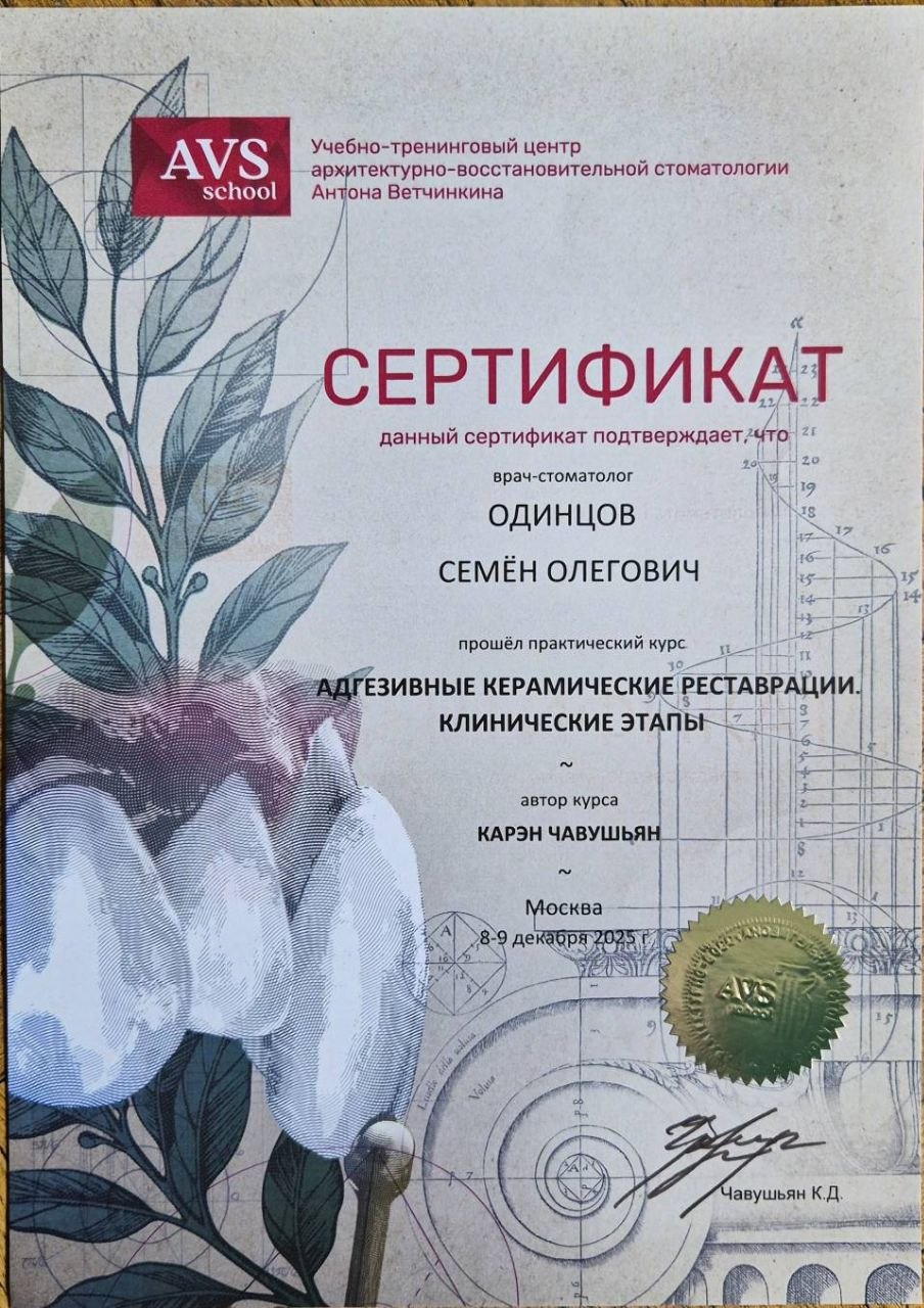 Сертификат врача Одинцов Семён Олегович №1